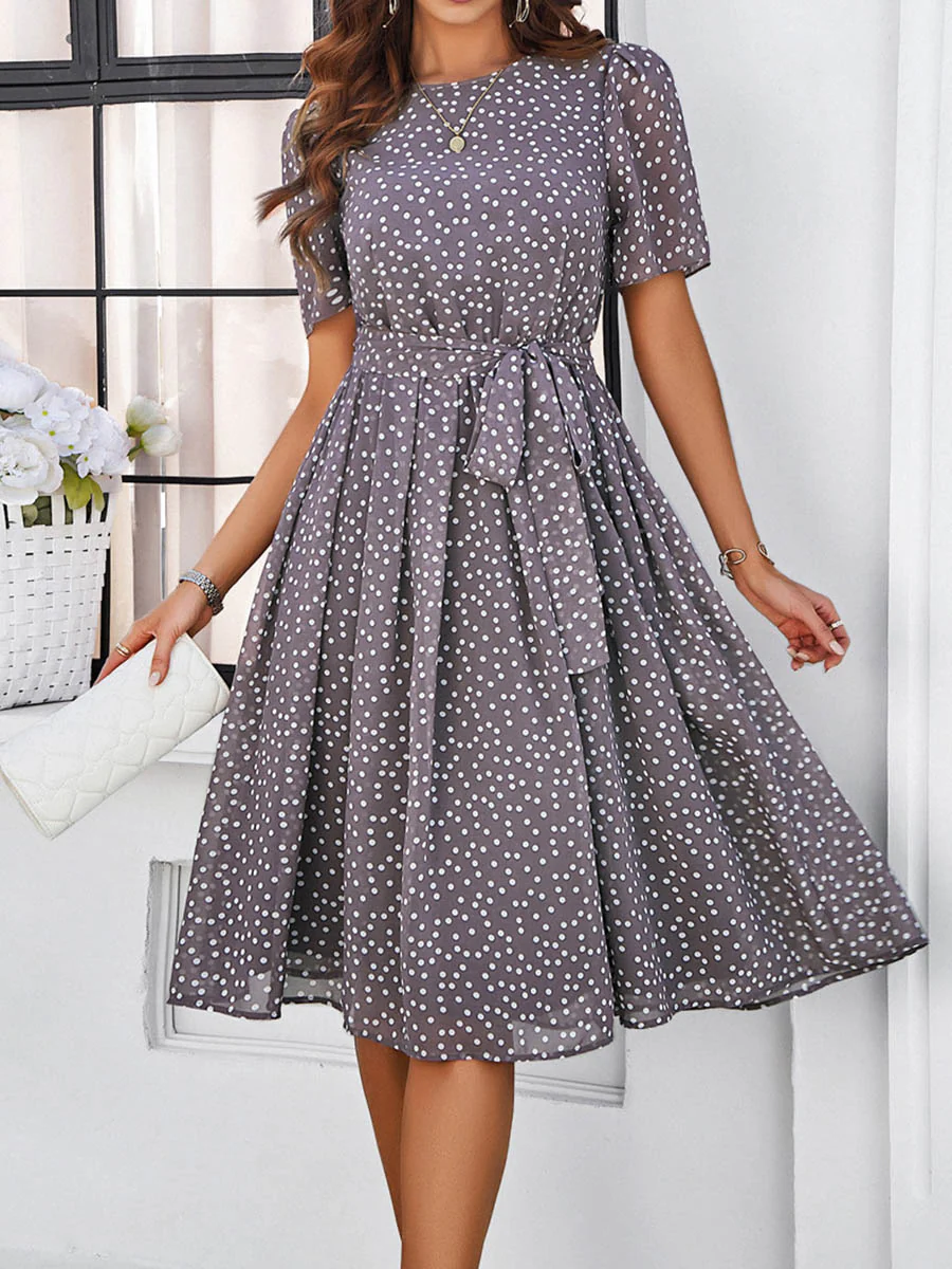 A-Line Elasticated Waist Contrast Color Polka Dot Split-Joint Tied Waist Round-Neck Midi Dresses - Image 25