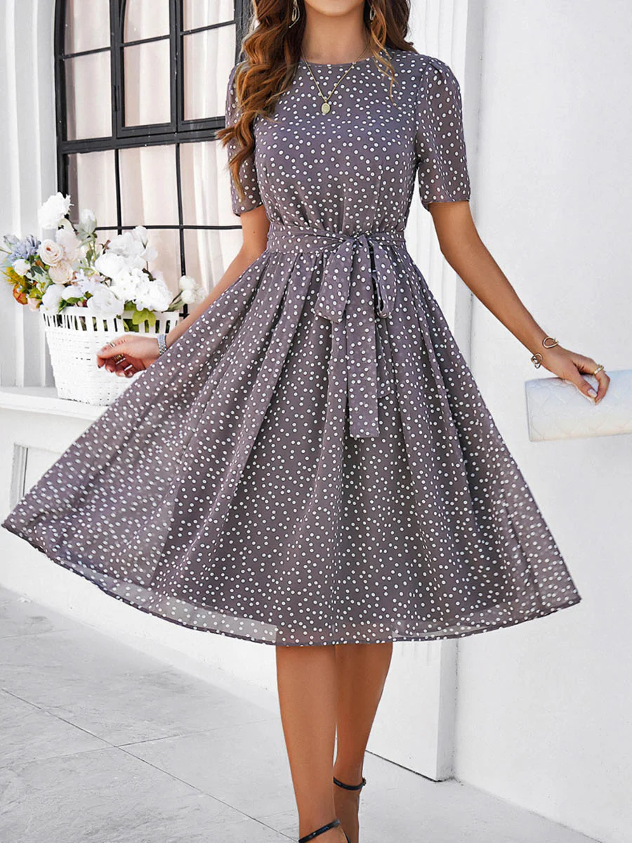A-Line Elasticated Waist Contrast Color Polka Dot Split-Joint Tied Waist Round-Neck Midi Dresses - Image 26