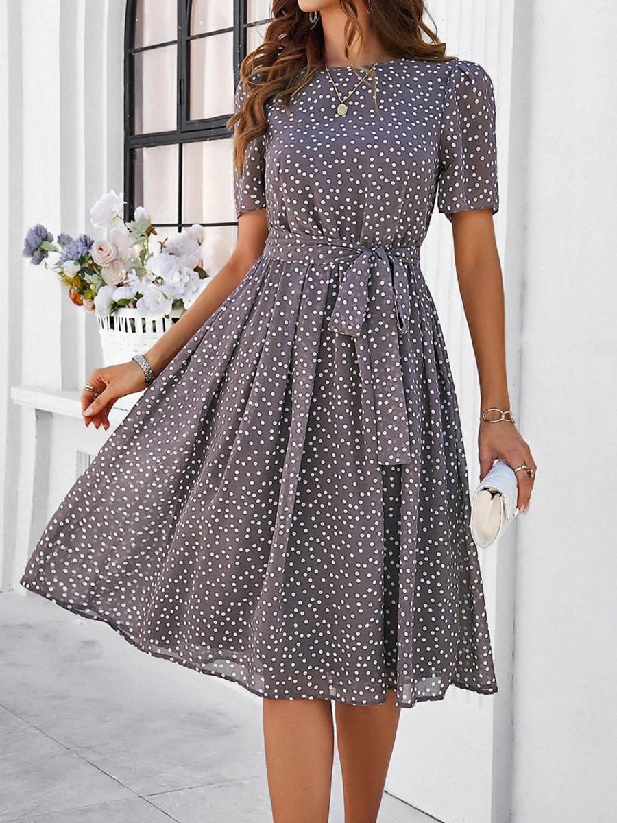 A-Line Elasticated Waist Contrast Color Polka Dot Split-Joint Tied Waist Round-Neck Midi Dresses - Image 27