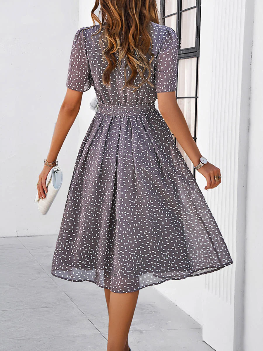 A-Line Elasticated Waist Contrast Color Polka Dot Split-Joint Tied Waist Round-Neck Midi Dresses - Image 29