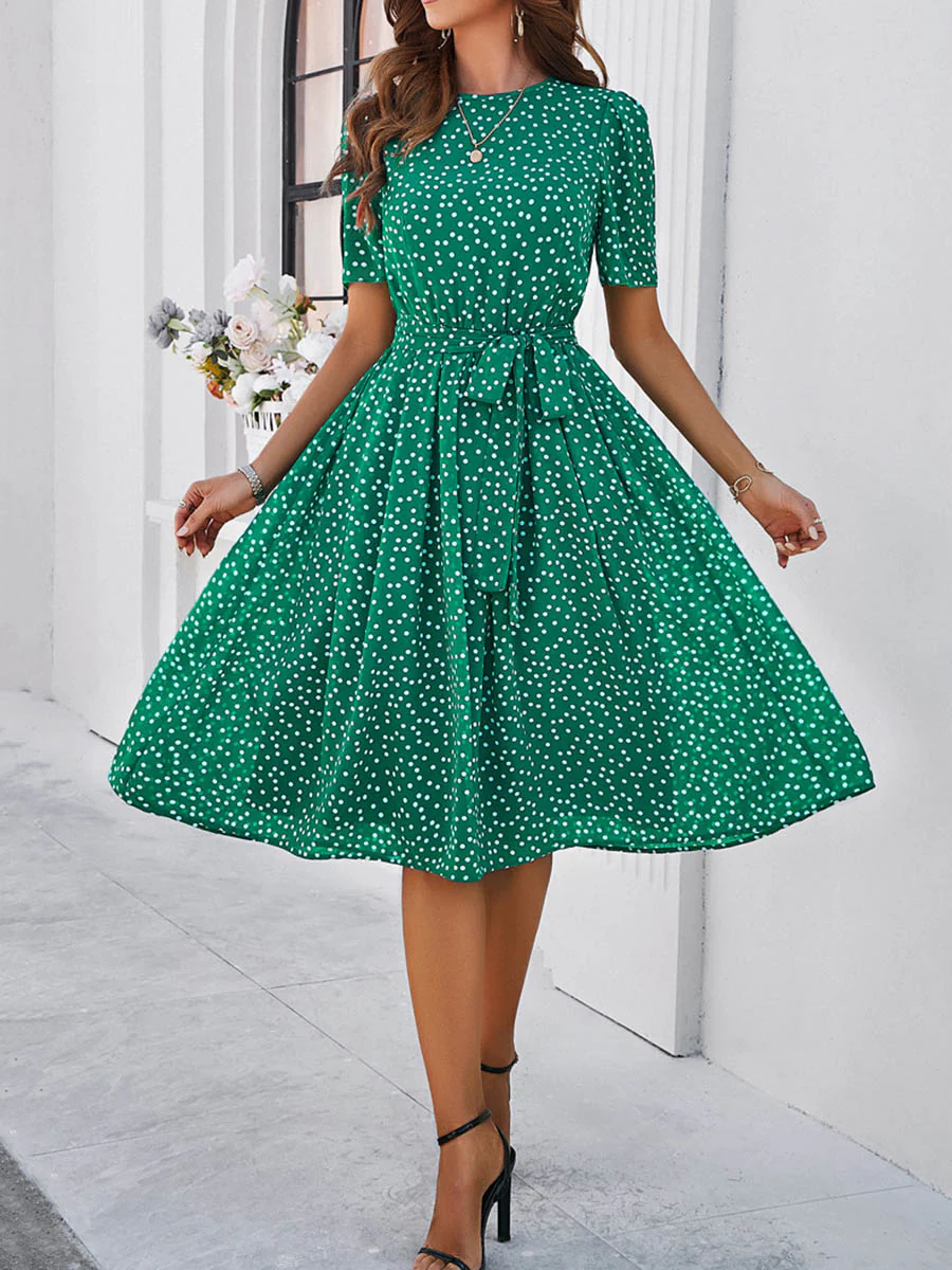 A-Line Elasticated Waist Contrast Color Polka Dot Split-Joint Tied Waist Round-Neck Midi Dresses - Image 4
