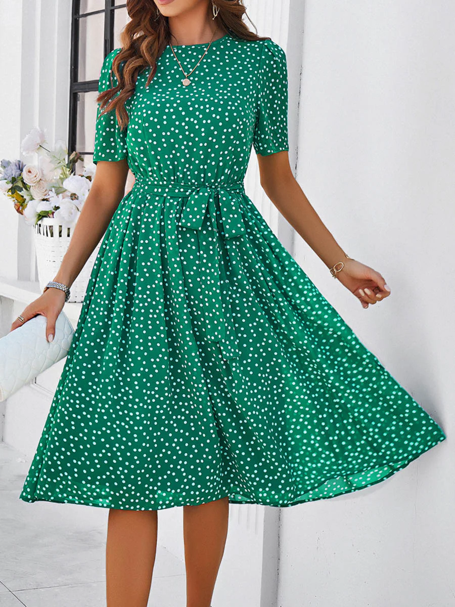 A-Line Elasticated Waist Contrast Color Polka Dot Split-Joint Tied Waist Round-Neck Midi Dresses - Image 5