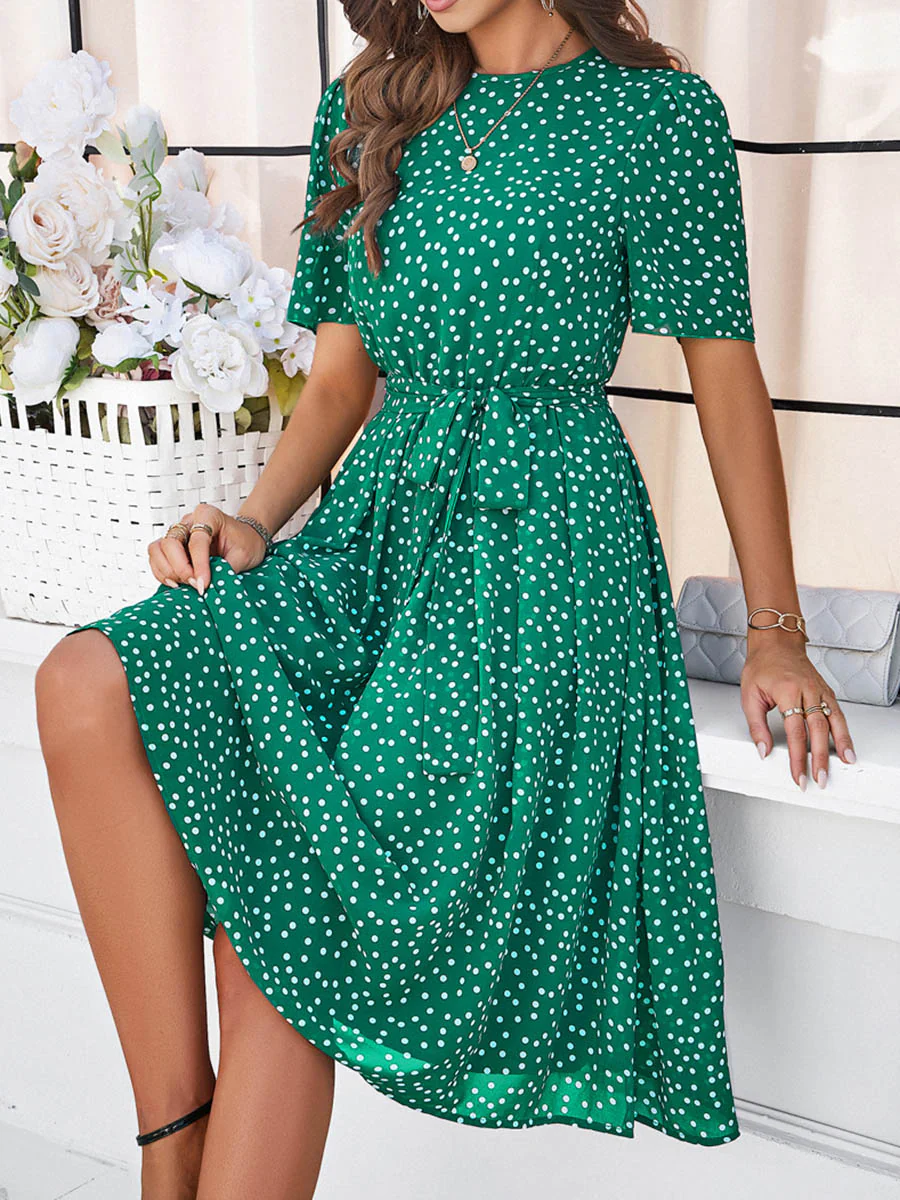 A-Line Elasticated Waist Contrast Color Polka Dot Split-Joint Tied Waist Round-Neck Midi Dresses - Image 6