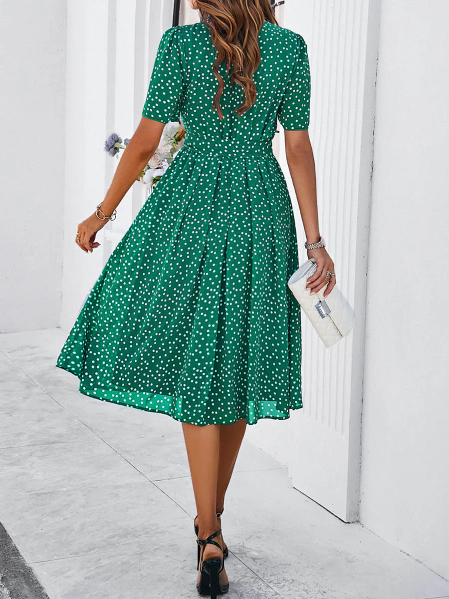 A-Line Elasticated Waist Contrast Color Polka Dot Split-Joint Tied Waist Round-Neck Midi Dresses - Image 7