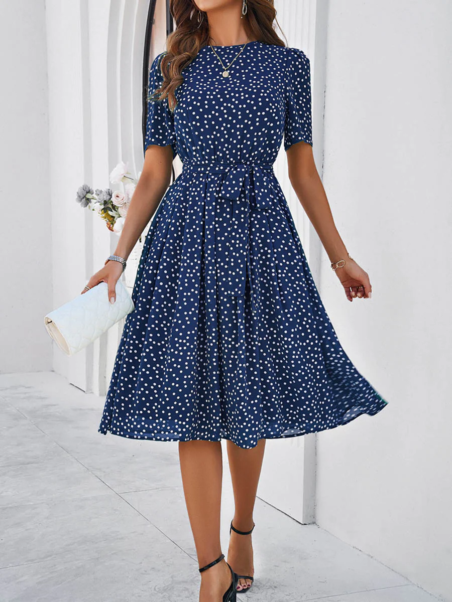 A-Line Elasticated Waist Contrast Color Polka Dot Split-Joint Tied Waist Round-Neck Midi Dresses - Image 8