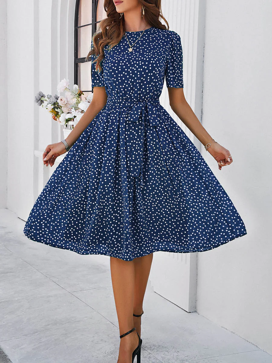 A-Line Elasticated Waist Contrast Color Polka Dot Split-Joint Tied Waist Round-Neck Midi Dresses - Image 9