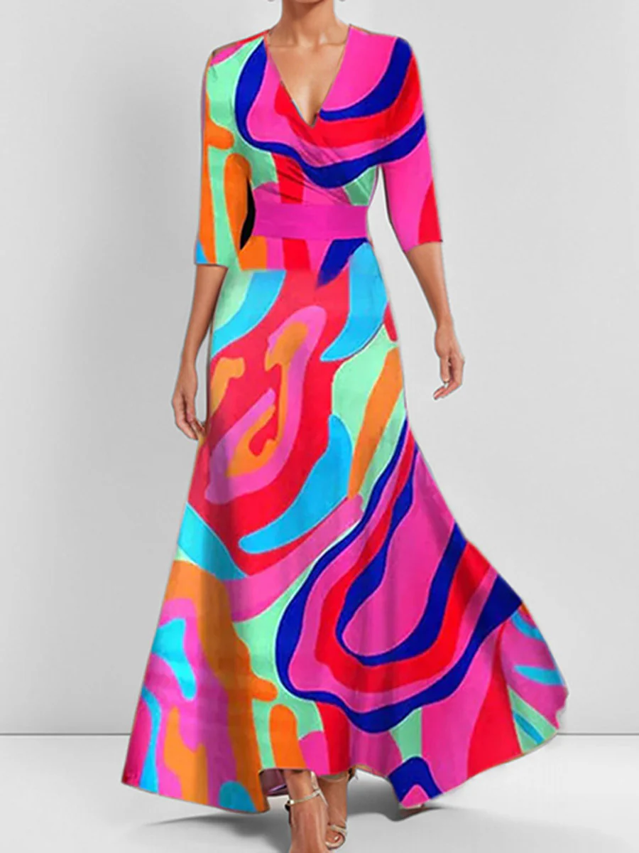 A-Line Elasticated Waist Contrast Color Printed Split-Joint V-Neck Maxi Dresses