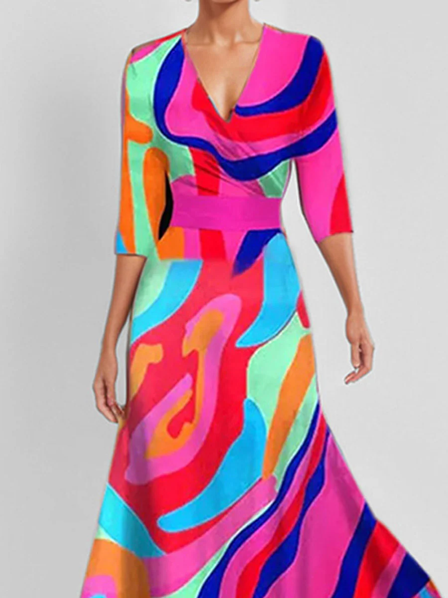 A-Line Elasticated Waist Contrast Color Printed Split-Joint V-Neck Maxi Dresses - Image 2
