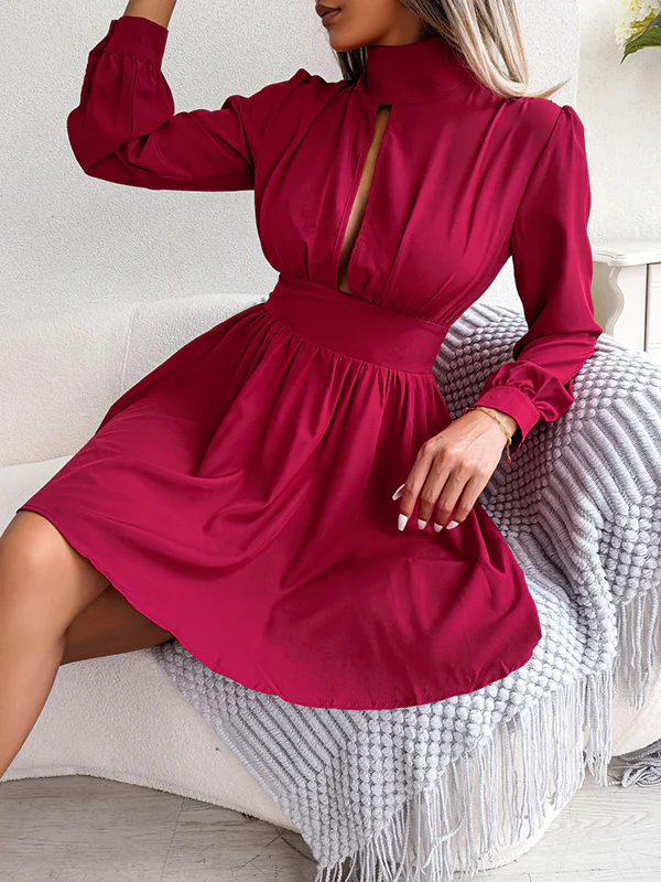A-Line Elasticated Waist Hollow Solid Color Zipper Half Turtleneck Mini Dresses