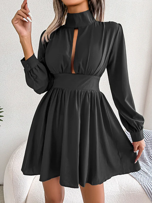 A-Line Elasticated Waist Hollow Solid Color Zipper Half Turtleneck Mini Dresses - Image 10