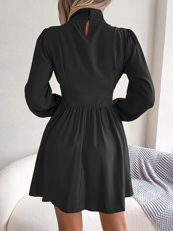 A-Line Elasticated Waist Hollow Solid Color Zipper Half Turtleneck Mini Dresses - Image 12