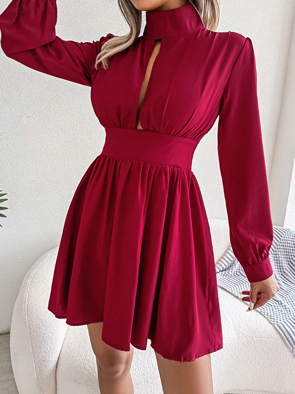 A-Line Elasticated Waist Hollow Solid Color Zipper Half Turtleneck Mini Dresses - Image 14