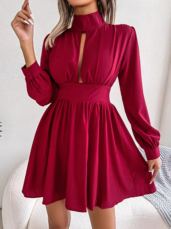 A-Line Elasticated Waist Hollow Solid Color Zipper Half Turtleneck Mini Dresses - Image 15