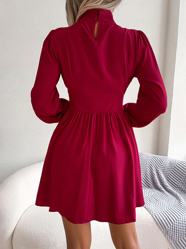A-Line Elasticated Waist Hollow Solid Color Zipper Half Turtleneck Mini Dresses - Image 16