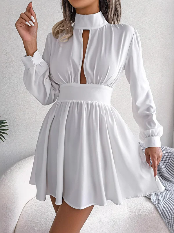 A-Line Elasticated Waist Hollow Solid Color Zipper Half Turtleneck Mini Dresses - Image 3