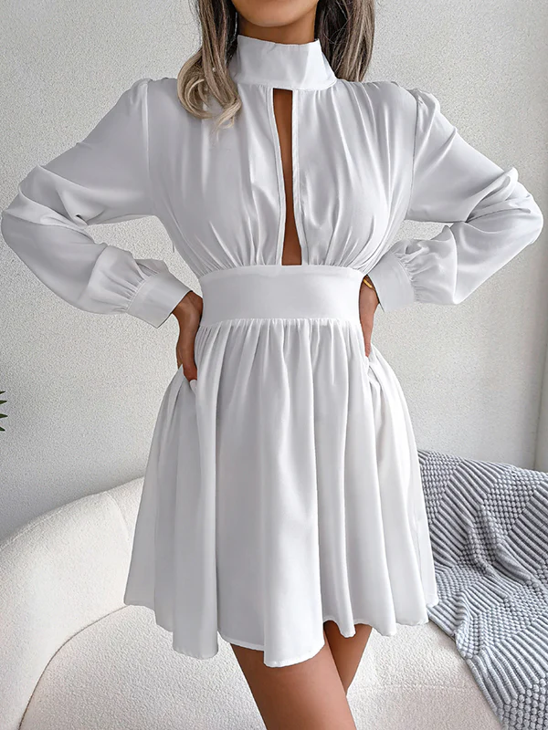 A-Line Elasticated Waist Hollow Solid Color Zipper Half Turtleneck Mini Dresses - Image 4