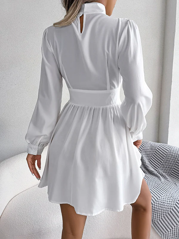 A-Line Elasticated Waist Hollow Solid Color Zipper Half Turtleneck Mini Dresses - Image 6