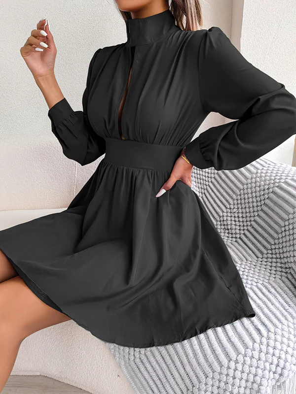 A-Line Elasticated Waist Hollow Solid Color Zipper Half Turtleneck Mini Dresses - Image 8