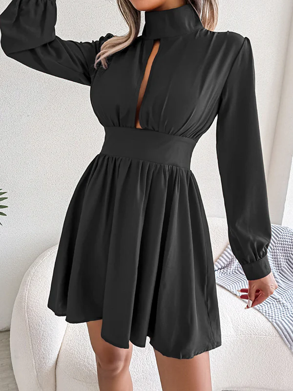 A-Line Elasticated Waist Hollow Solid Color Zipper Half Turtleneck Mini Dresses - Image 9