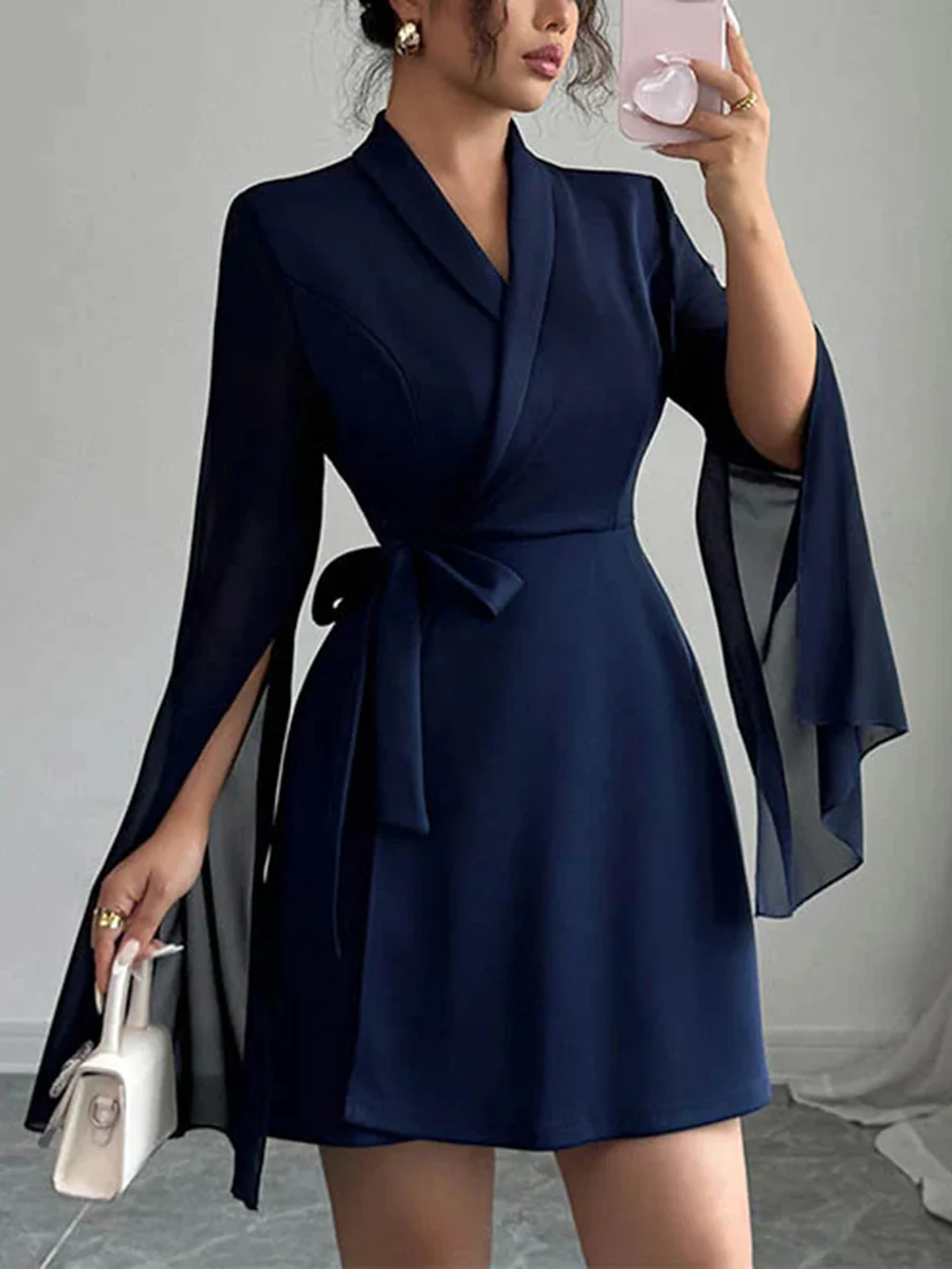 A-Line Elasticated Waist Interlace See-Through Solid Color Split-Joint Split-Side Tied Waist V-Neck Mini Dresses - Image 2