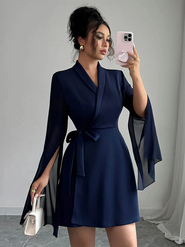A-Line Elasticated Waist Interlace See-Through Solid Color Split-Joint Split-Side Tied Waist V-Neck Mini Dresses - Image 3