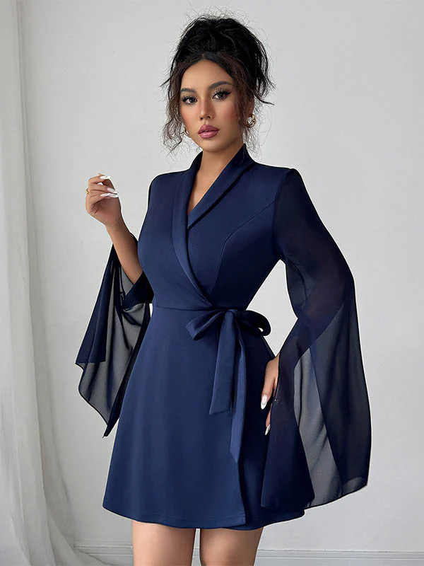 A-Line Elasticated Waist Interlace See-Through Solid Color Split-Joint Split-Side Tied Waist V-Neck Mini Dresses - Image 4