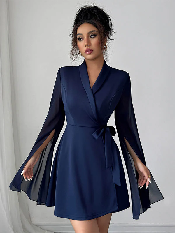 A-Line Elasticated Waist Interlace See-Through Solid Color Split-Joint Split-Side Tied Waist V-Neck Mini Dresses - Image 5