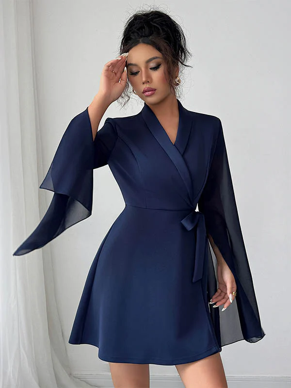 A-Line Elasticated Waist Interlace See-Through Solid Color Split-Joint Split-Side Tied Waist V-Neck Mini Dresses - Image 6