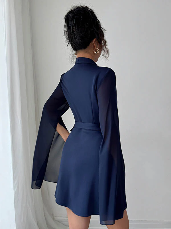 A-Line Elasticated Waist Interlace See-Through Solid Color Split-Joint Split-Side Tied Waist V-Neck Mini Dresses - Image 7