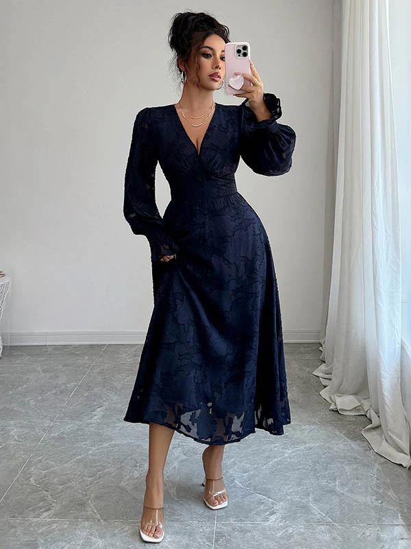 A-Line Elasticated Waist Jacquard Leaves Print Ruffled Solid Color Split-Joint Deep V-Neck Midi Dresses - Image 2