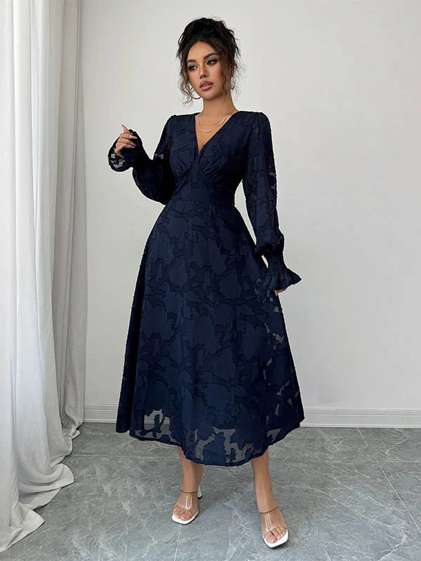A-Line Elasticated Waist Jacquard Leaves Print Ruffled Solid Color Split-Joint Deep V-Neck Midi Dresses - Image 3