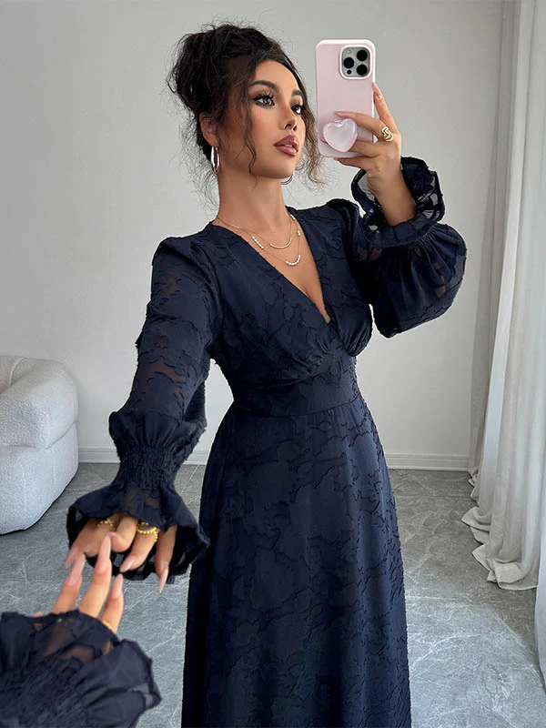 A-Line Elasticated Waist Jacquard Leaves Print Ruffled Solid Color Split-Joint Deep V-Neck Midi Dresses - Image 4