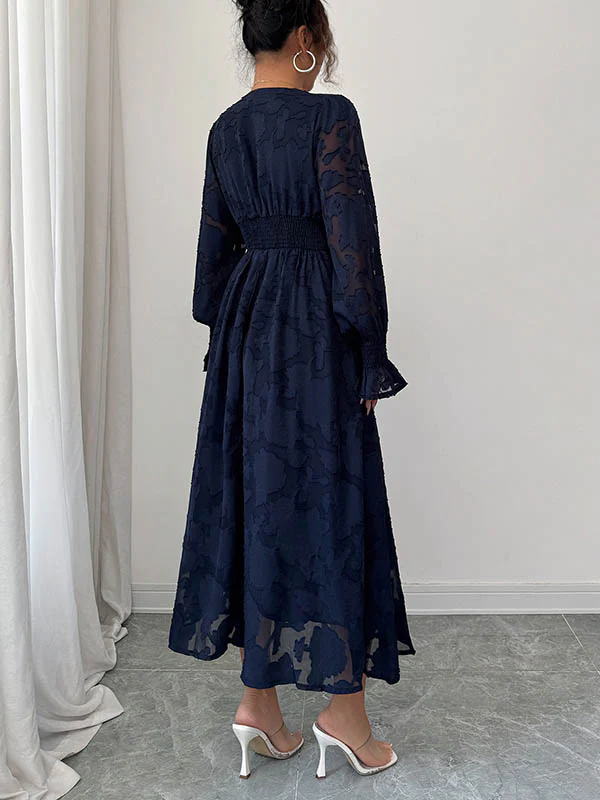 A-Line Elasticated Waist Jacquard Leaves Print Ruffled Solid Color Split-Joint Deep V-Neck Midi Dresses - Image 5
