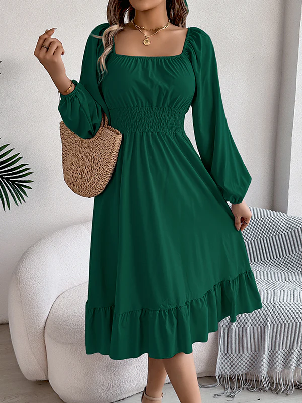 A-Line Elasticated Waist Pleated Ruffled Solid Color Square-Neck Midi Dresses - Image 10