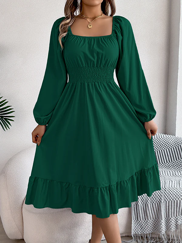 A-Line Elasticated Waist Pleated Ruffled Solid Color Square-Neck Midi Dresses - Image 11