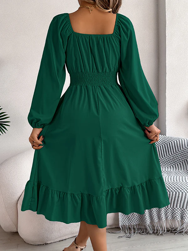 A-Line Elasticated Waist Pleated Ruffled Solid Color Square-Neck Midi Dresses - Image 13