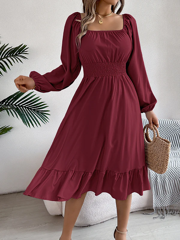 A-Line Elasticated Waist Pleated Ruffled Solid Color Square-Neck Midi Dresses - Image 14