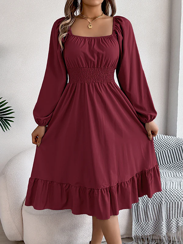A-Line Elasticated Waist Pleated Ruffled Solid Color Square-Neck Midi Dresses - Image 15