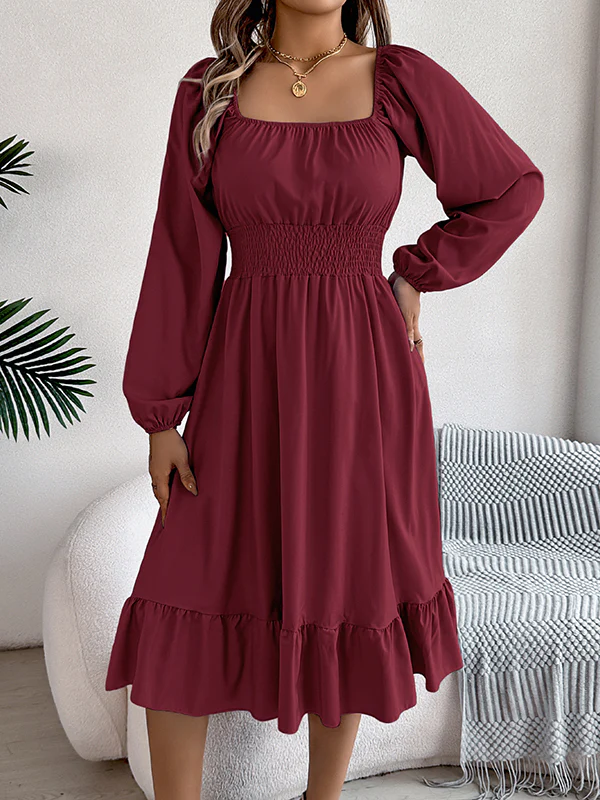A-Line Elasticated Waist Pleated Ruffled Solid Color Square-Neck Midi Dresses - Image 16