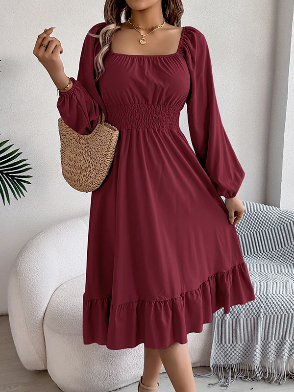A-Line Elasticated Waist Pleated Ruffled Solid Color Square-Neck Midi Dresses - Image 17