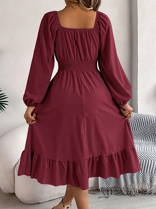 A-Line Elasticated Waist Pleated Ruffled Solid Color Square-Neck Midi Dresses - Image 19