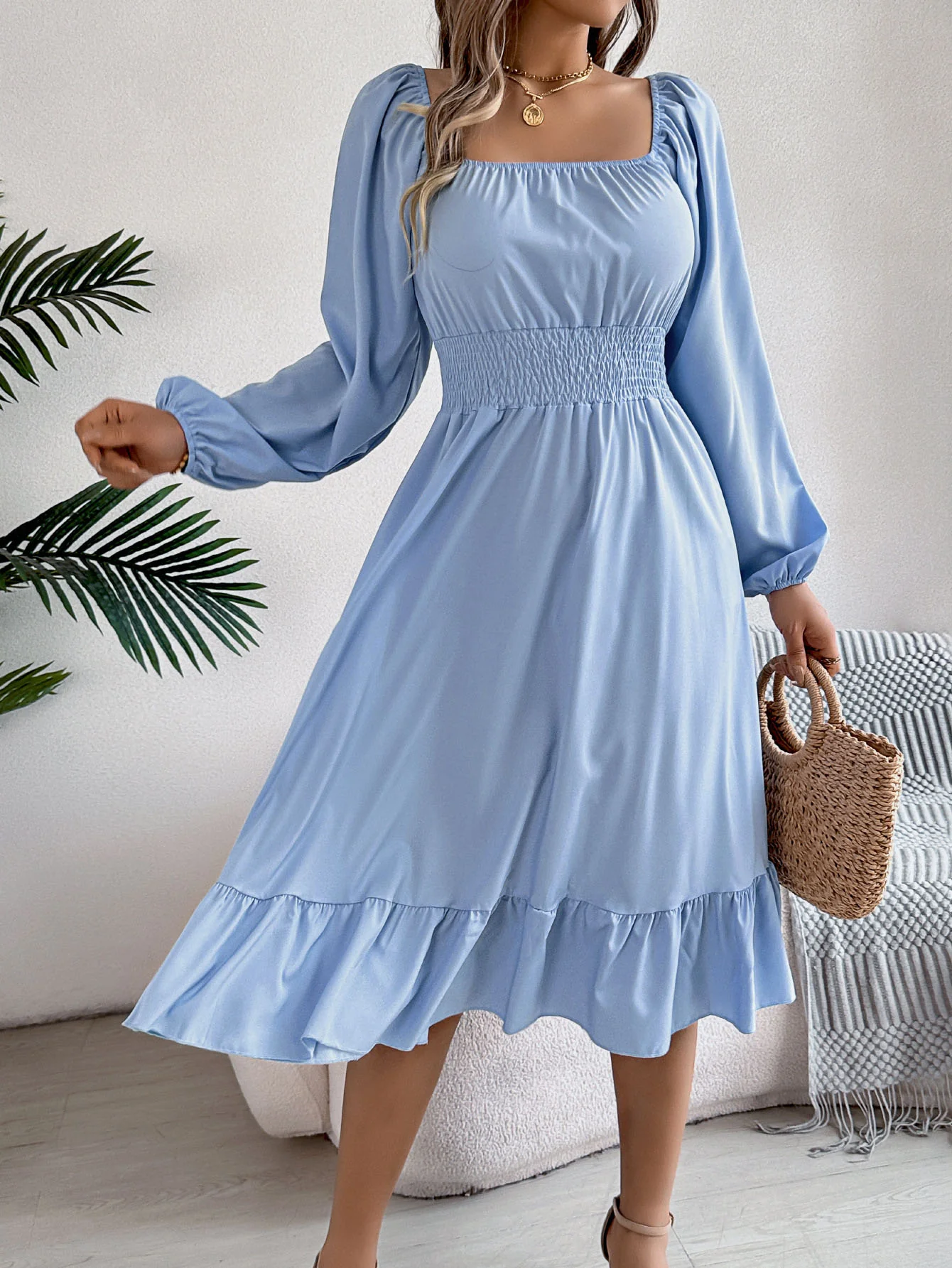 A-Line Elasticated Waist Pleated Ruffled Solid Color Square-Neck Midi Dresses - Image 2