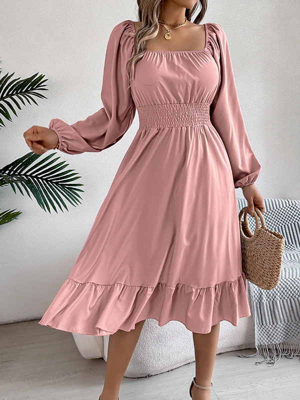 A-Line Elasticated Waist Pleated Ruffled Solid Color Square-Neck Midi Dresses - Image 20