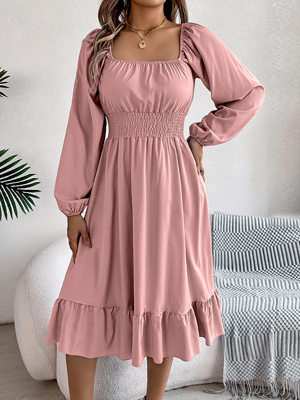 A-Line Elasticated Waist Pleated Ruffled Solid Color Square-Neck Midi Dresses - Image 21
