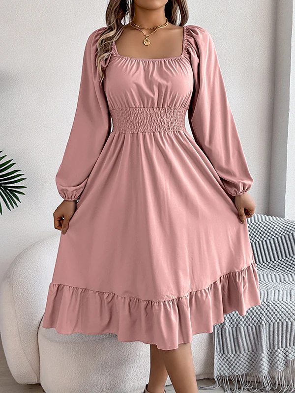 A-Line Elasticated Waist Pleated Ruffled Solid Color Square-Neck Midi Dresses - Image 22