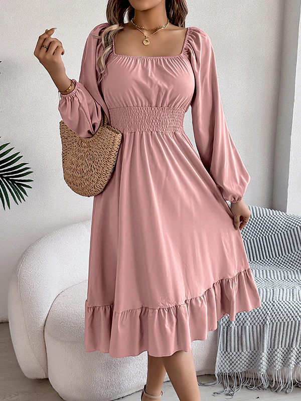 A-Line Elasticated Waist Pleated Ruffled Solid Color Square-Neck Midi Dresses - Image 23