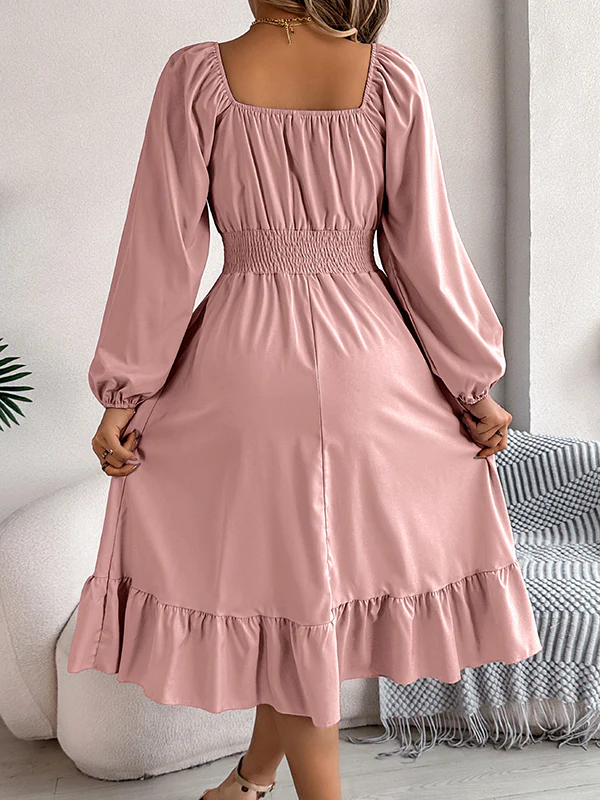 A-Line Elasticated Waist Pleated Ruffled Solid Color Square-Neck Midi Dresses - Image 25