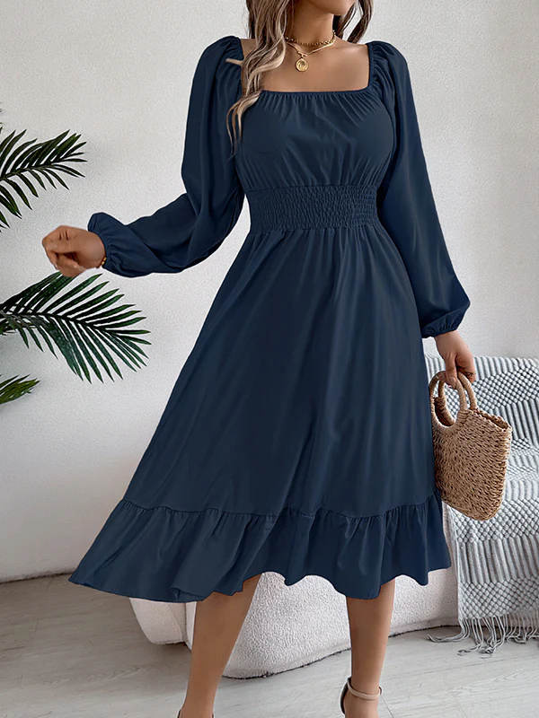 A-Line Elasticated Waist Pleated Ruffled Solid Color Square-Neck Midi Dresses - Image 26