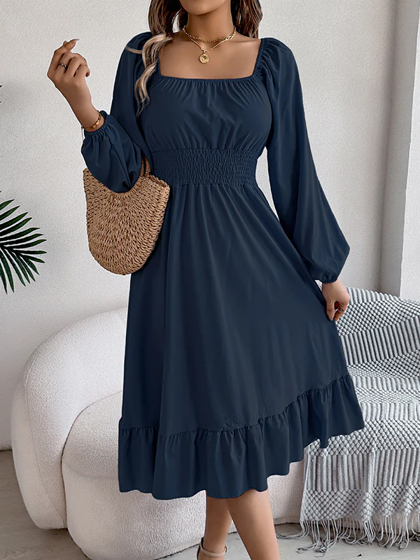 A-Line Elasticated Waist Pleated Ruffled Solid Color Square-Neck Midi Dresses - Image 27