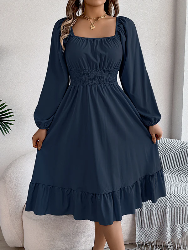 A-Line Elasticated Waist Pleated Ruffled Solid Color Square-Neck Midi Dresses - Image 28